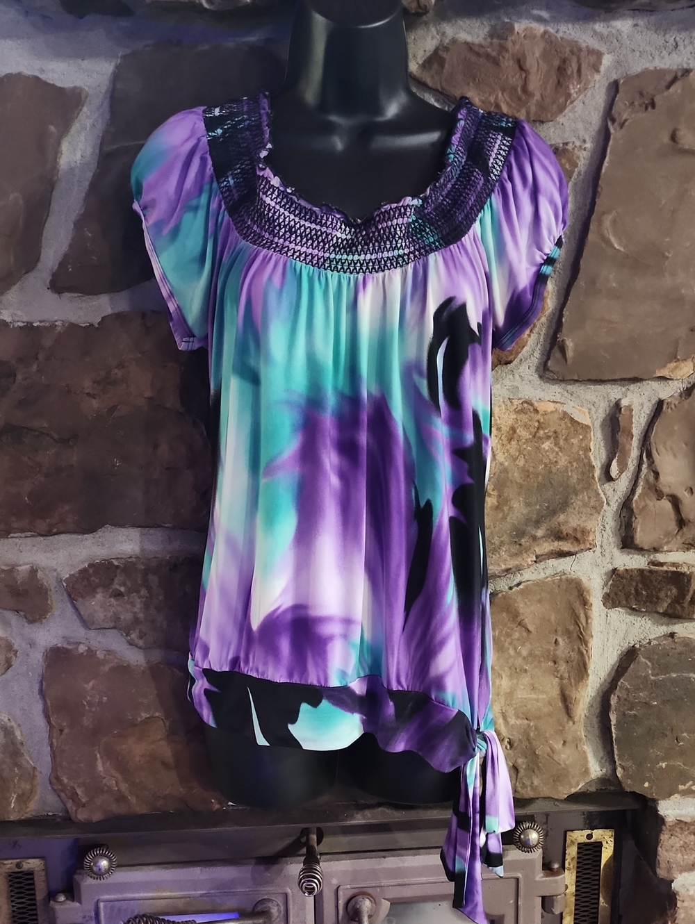 Women's Purple Tie-Dye Short Sleeve Blouse with Side Tie
